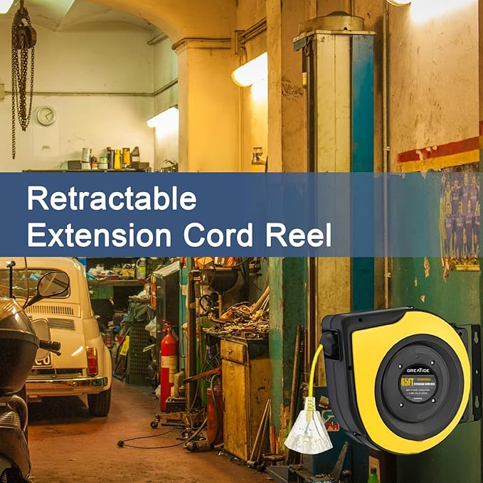 Retractable Extension Cord Reel, 65 Feet 12 AWG/3C SJTOW Heavy Duty Power Cord - Image 7