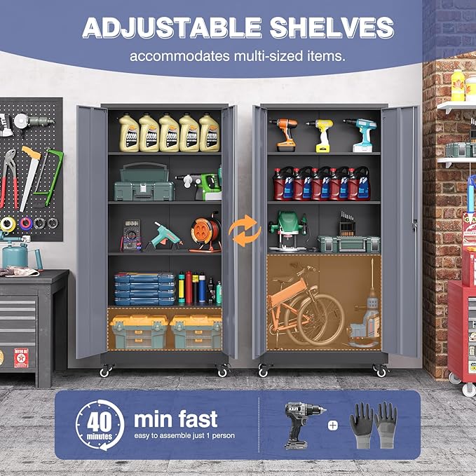 Metal Garage Cabinet with Wheels, Tall Storage Cabinet with 4 Adjustable - Image 4