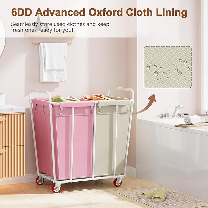 Hoctieon 2 Section Laundry Sorter Cart, 400L Rolling Hamper - Image 7