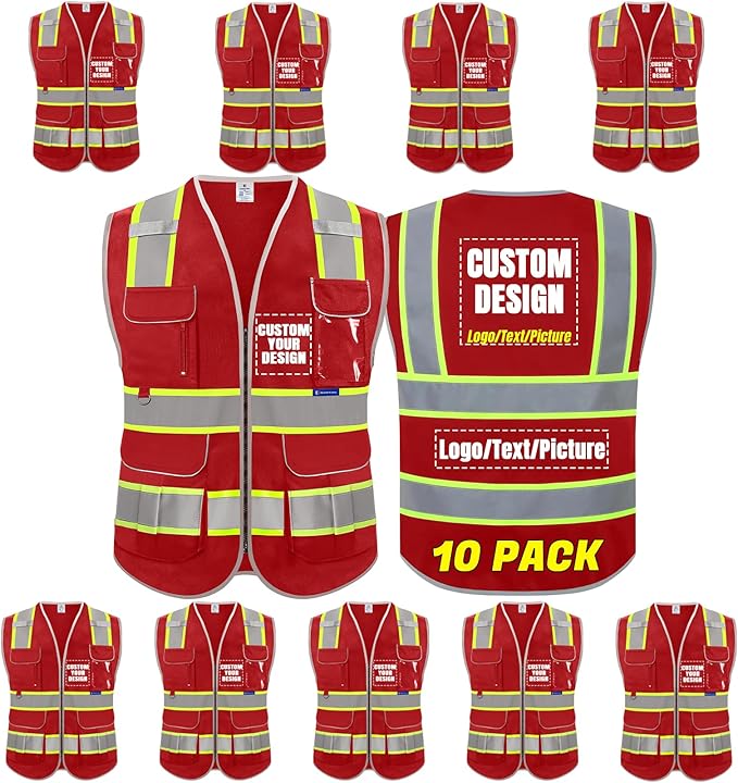 BeautyWill Custom Logo 10 Pockets Safety Vest Class2 ANSI Certified High by BeautyWill