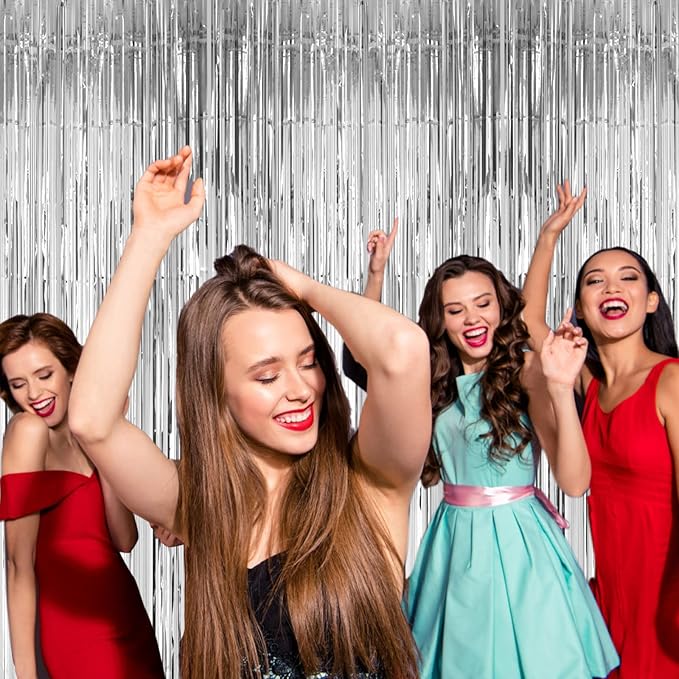 3 Pack 3.3x8.2 Feet Silver Foil Fringe Backdrop Curtains, Tinsel Streamers - Image 7