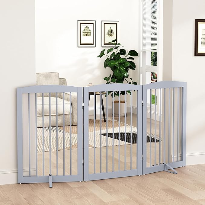 Freestanding Pet Gate for Dogs, Foldable Wooden Dog Gate for House Indoor by PUPETPO