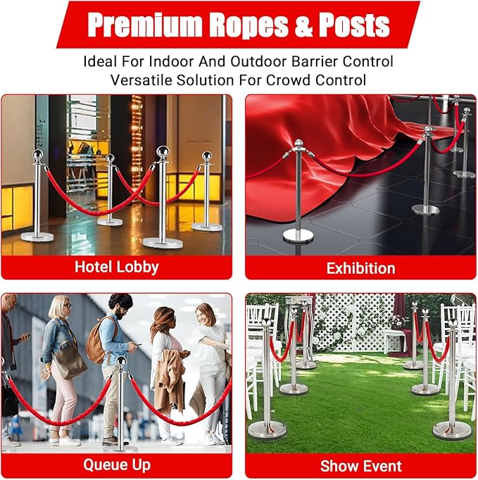 4Pcs Stanchions and Cords Silver Stainless Steel Crowd Control Barriers - Image 2