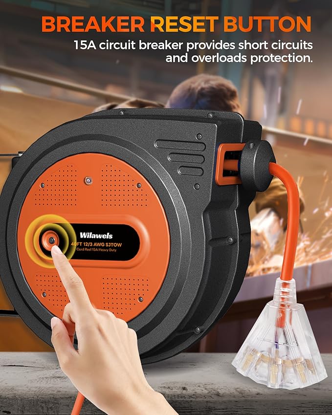 40 FT Retractable Extension Cord Reel, Heavy Duty Power Cord, 12AWG/3C SJTOW - Image 4