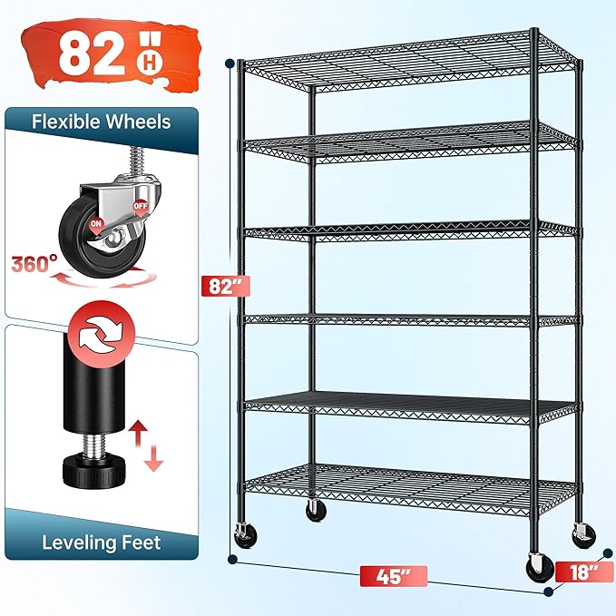 82" H X45 W X18 D Wire Shelving Unit, 6 Tier Adjustable Storage Shelves - Image 3