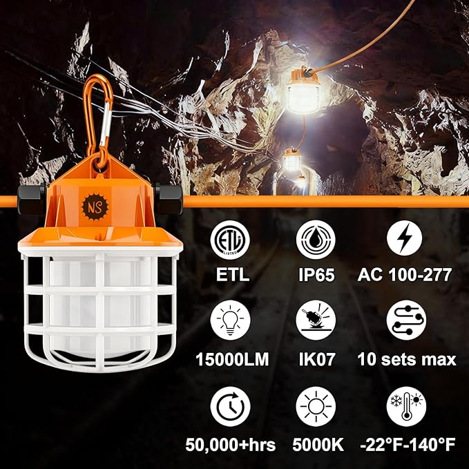NS 100FT Construction String Lights 150W LED Industrial Grade 15000LM 5000K - Image 3