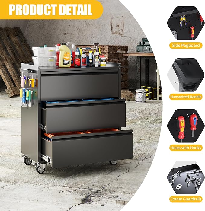 Garage Storage Cabinet with Wheels and Pegboard, Metal Rolling Tool Storage - Image 6