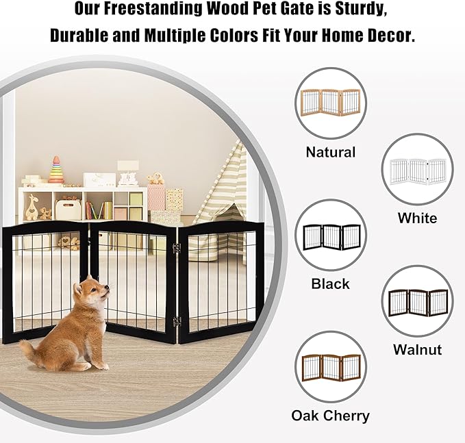 LZRS 3-Panel Freestanding Foldable Wooden Dog Gate –Solid Wood & Steel Wire - Image 4
