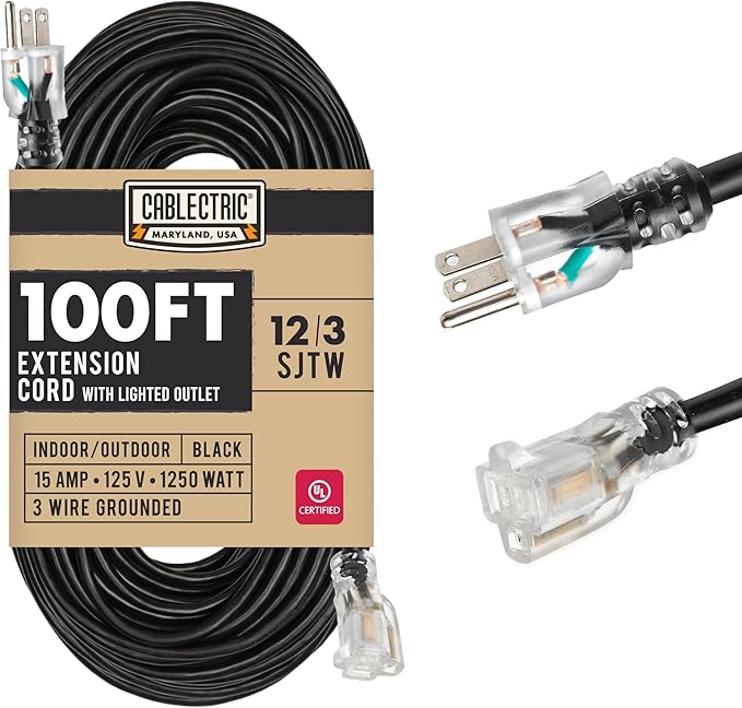 Heavy Duty Extension Cord 100 Ft, 12 Gauge Long Outdoor Extension Cord by Cablectric