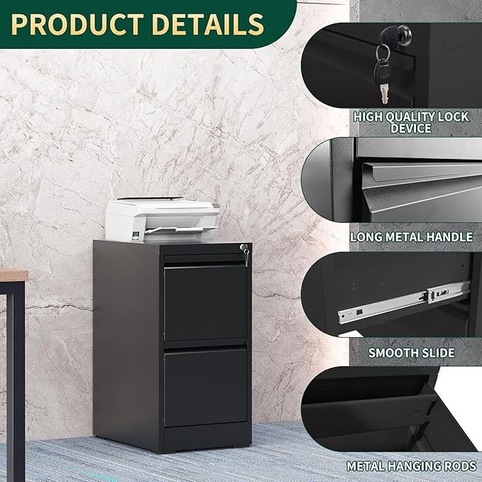 2 Drawer File Cabinet with Lock, Steel Vertical Filing Storage Cabinet - Image 4