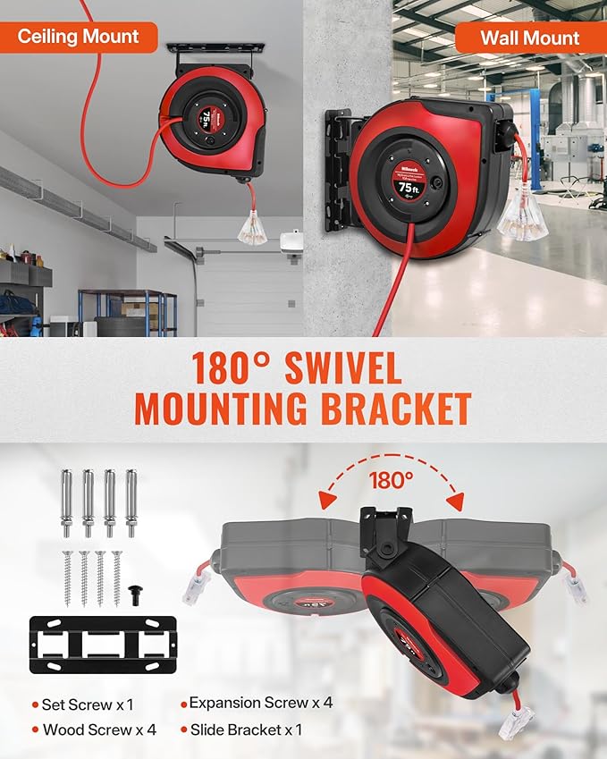 Retractable Extension Cord Reel, 75 FT Heavy Duty Extension Cord, 14AWG/3C SJTOW - Image 2