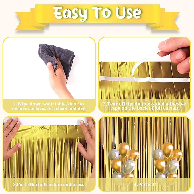 3 Pack 3.3 x 8.2 ft Matte Gold Foil Fringe Backdrop Curtains, Tinsel Streamers - Image 3