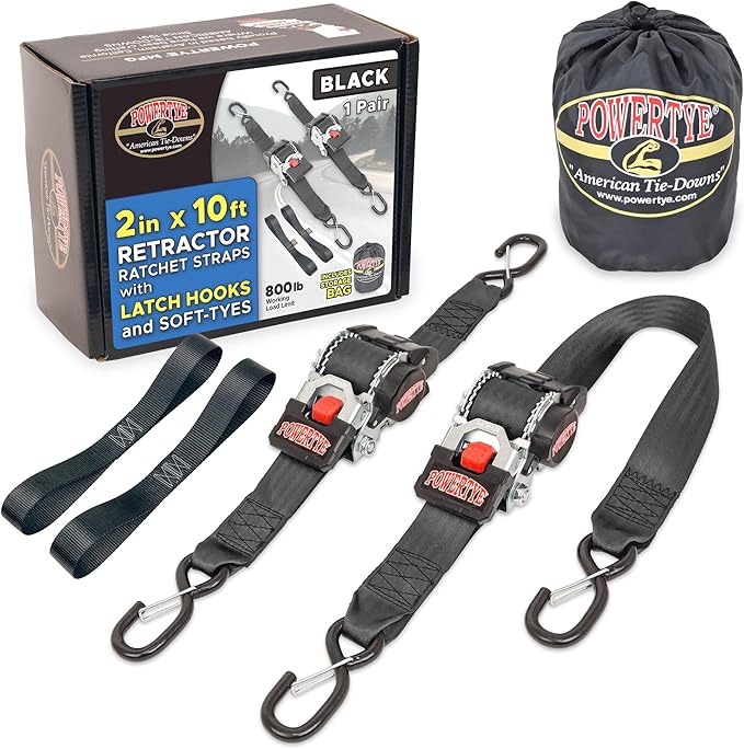 PowerTye - 2 inch x 10ft Long Retractable Ratchet Tie Down Strap - by PowerTyeMFG