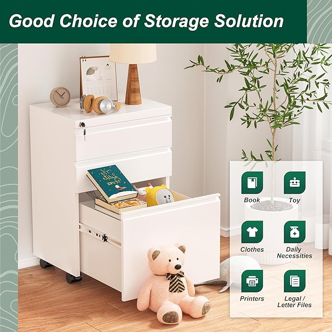 Superday File Cabinet 3 Drawer, Fully Assembled Metal Rolling Vertical Filing - Image 7