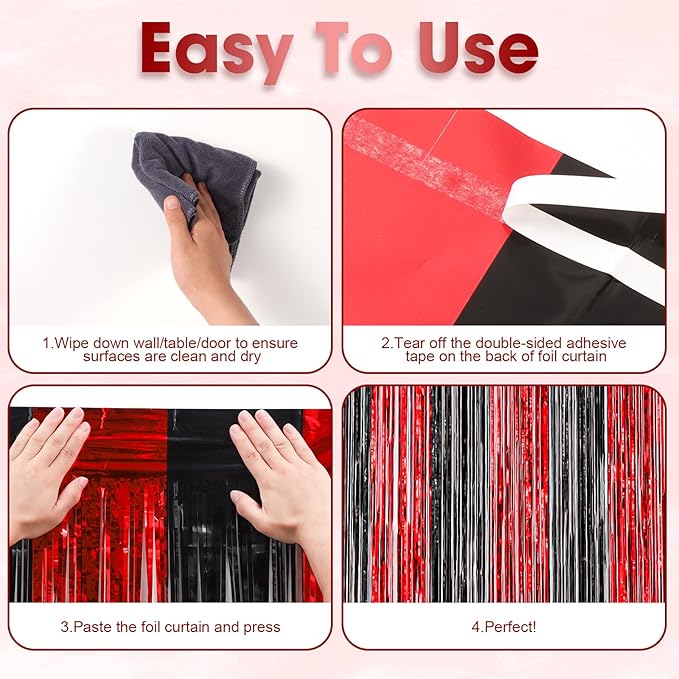 3 Pack 3.3x8.2 Feet Red and Black Foil Fringe Backdrop Curtains, Tinsel - Image 4