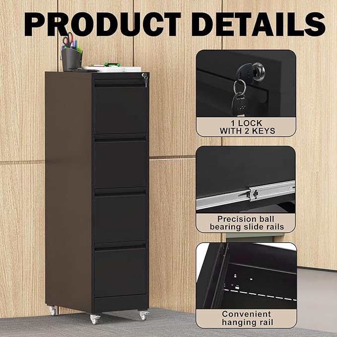 File Cabinet with Lock, 4 Drawers Filing Cabient with Wheel, Steel Vertical - Image 4