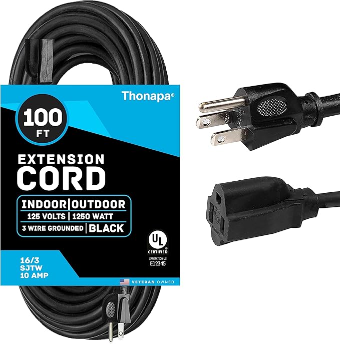 100 ft Outdoor Extension Cord, 16/3 SJTW Black Extension Cord 100 Foot 3 Prong by Thonapa