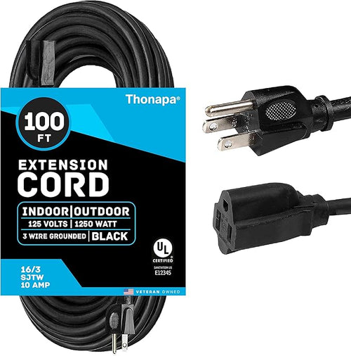 100 ft Outdoor Extension Cord, 16/3 SJTW Black Extension Cord 100 Foot 3 Prong by Thonapa