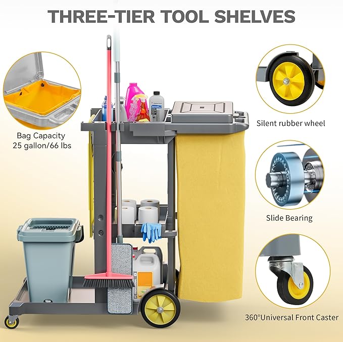 DWVO Janitorial Cart on Wheels, Cleaning Carts, Housekeeping Cart, 3 Shelf - Image 4