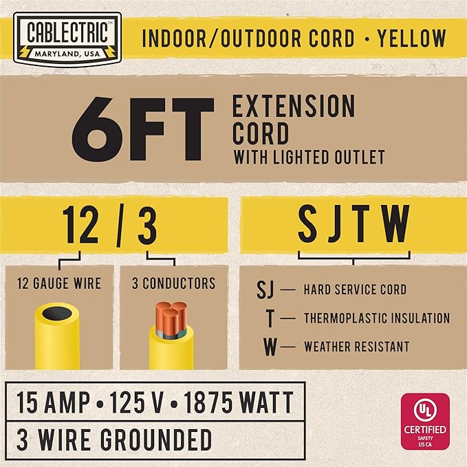 12 Gauge Outdoor Extension Cord 6 ft, 12/3 Heavy Duty Extension Cord 3 Prong - Image 2