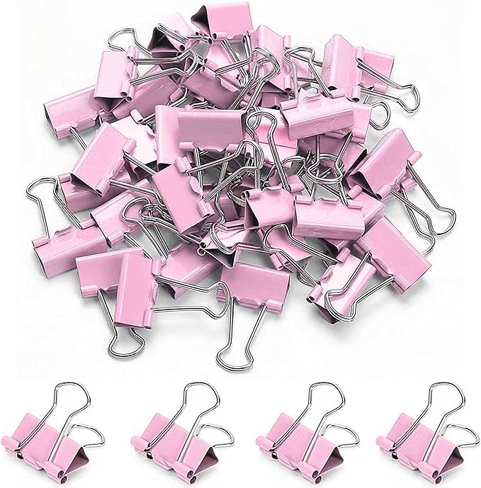 50 Pack Medium Pink Binder Clips 1 Inch, Colored Paper Clamps, Middle Size by Qikaara