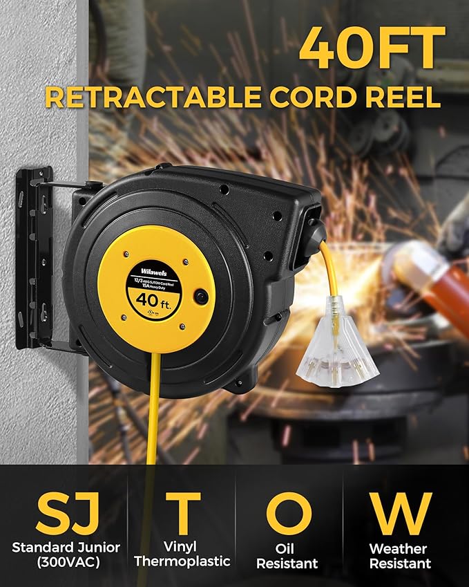 Retractable Extension Cord Reel, 40 FT Heavy Duty Power Cord, 12AWG/3C SJTOW - Image 2
