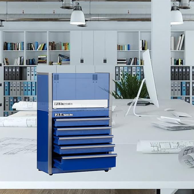 P.I.T. Mini Blue Tool Box, Portable 5-Drawer Micro Roll Cab Steel Stackable - Image 8