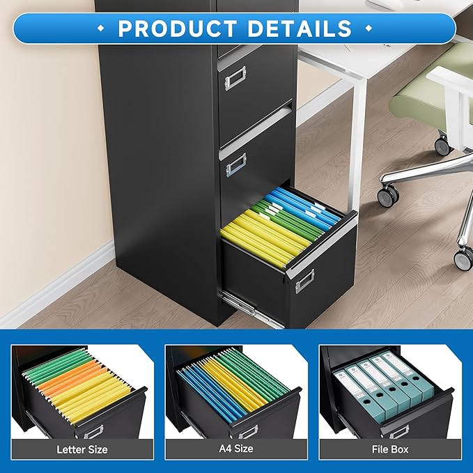 4 Drawer File Cabinet with Lock Metal Vertical File Cabinet Office Home - Image 5