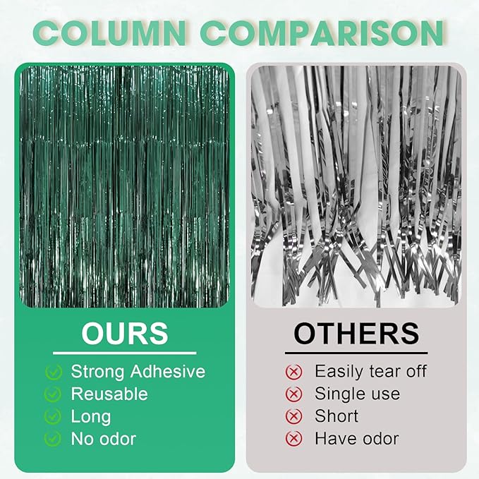 3 Pack 3.3 x 8.2 ft Retro Green Foil Fringe Backdrop Curtains, Tinsel Streamers - Image 3