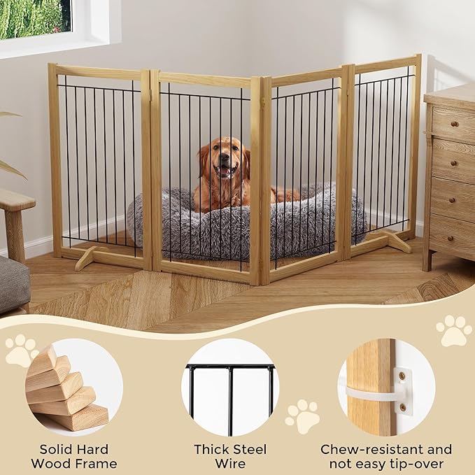 Wire Dog Gate Solid Wood Frame, Anti-Chewing, Indoor Freestanding Pet Gate - Image 4