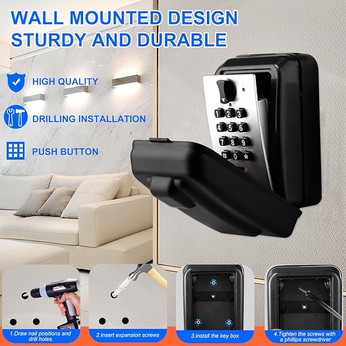 Key Lock Box, 12-Digit Code, Weatherproof Wall Mount, Large Capacity 5-8 Keys - Image 4