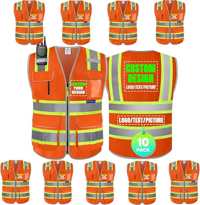 BeautyWill Custom Logo 10 Pockets Safety Vest Class2 ANSI Certified High by BeautyWill