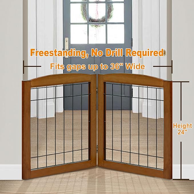 LZRS 2-Panel Freestanding Foldable Wood Dog Gate – Solid Wood & Steel Wire - Image 2