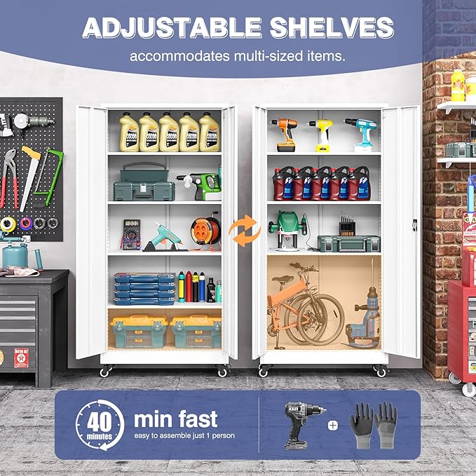 Metal Storage Cabinet with Wheels, Tall Garage Storage Cabinet with 4 - Image 5