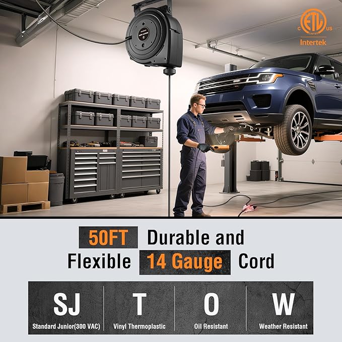 SURAIELEC 50FT Retractable Extension Cord Reel, 14AWG/3C SJTOW Heavy Duty Power - Image 2