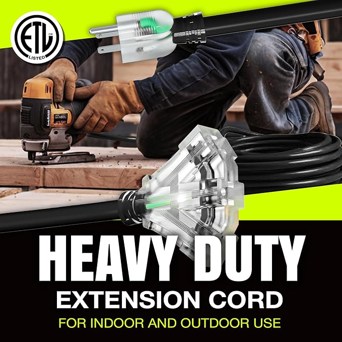6ft Outdoor/Indoor Extension Cord 3-Outlet 12/3 Gauge Extra Heavy Duty ETL - Image 7