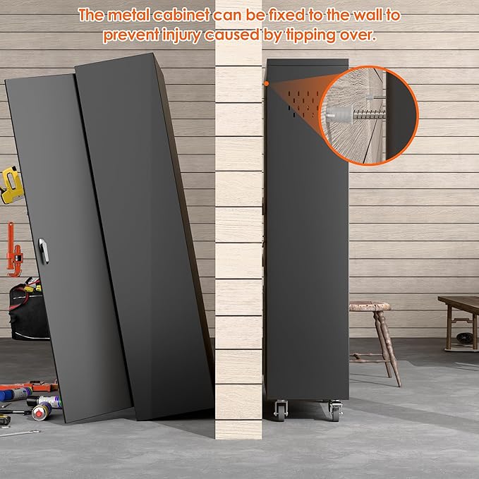Aobabo Metal Broom Closet Storage Cabinet on Wheels and 2 Lockable Doors - Image 6