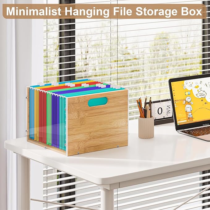 2 Pack Hanging File Organizer, Bamboo Filing Box File Crate Storage Boxes - Image 6