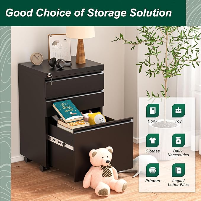 Superday File Cabinet 3 Drawer, Metal Rolling Vertical Filing Cabinet - Image 7