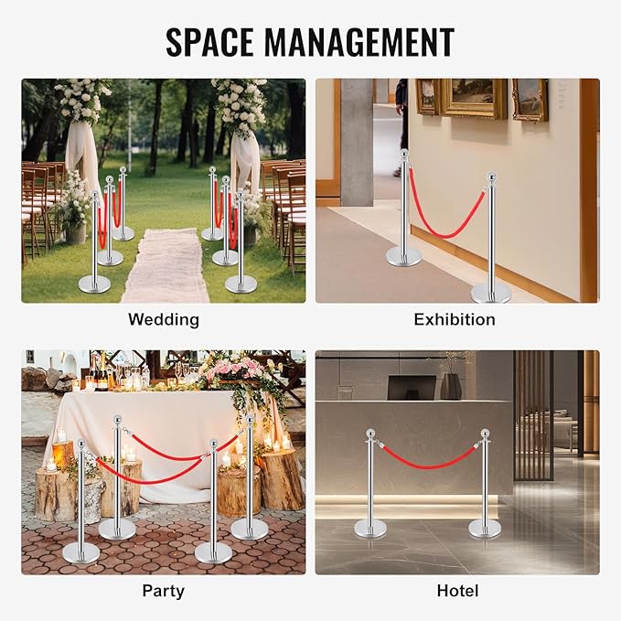 6PCS Stainless Steel Stanchions Post w/ 4 Red Velvet 5ft Carpet Ropes - Image 2
