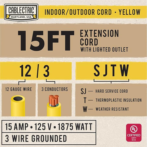 15 Ft Outdoor Extension Cord - 15 Amp 12/3 SJTW Heavy Duty Yellow 12 Gauge - Image 2