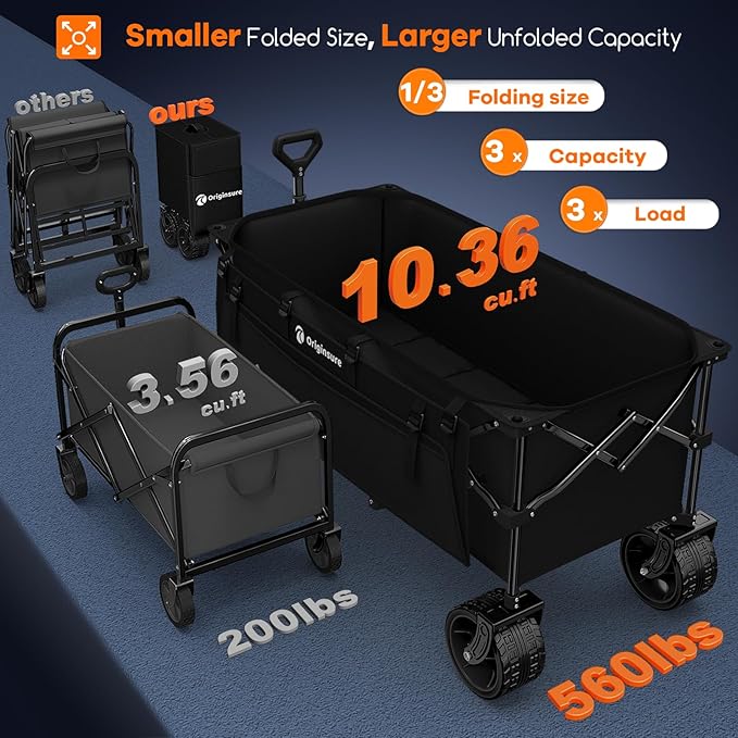 48" L Collapsible Wagon Cart Foldable, 560lbs Weight Capacity 300L Heavy Duty - Image 3
