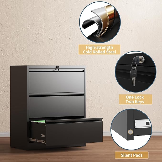 3 Drawer File Cabinet with Lock, Lateral Filing Cabinets, Metal Storage Filing - Image 4