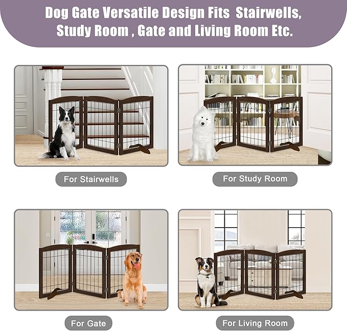 LZRS 3-Panel Freestanding Adjustable Wooden Dog Gate—30" Tall Foldable Pet - Image 6