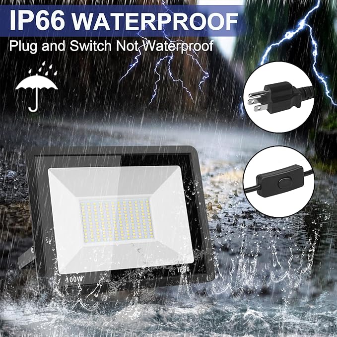 2-Pack 100W LED Flood Light Outdoor, 10000LM Bright Plug-in Flood Lights - Image 4