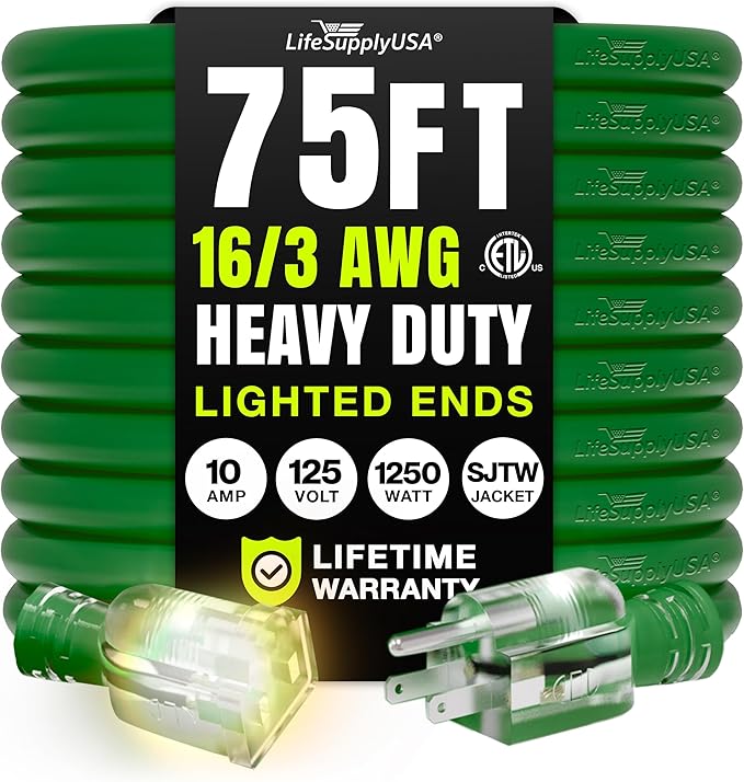 75ft Outdoor/Indoor Extension Cord 16/3 Gauge Heavy Duty 3 Prong SJTW, by LifeSupplyUSA