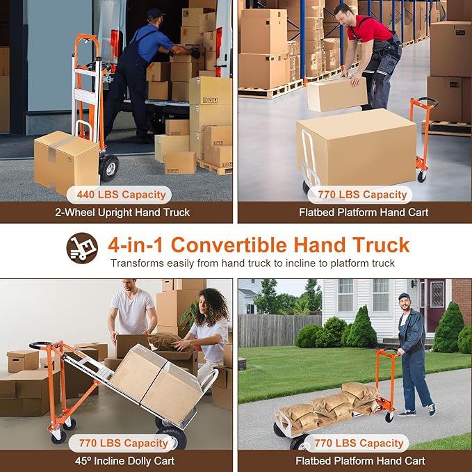 4-in-1 Convertible Hand Truck Dolly Cart, 770 lbs Heavy Duty Folding Hand Truck - Image 3