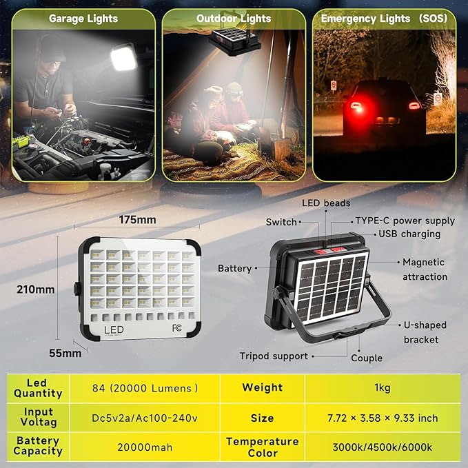 200W LED Solar Work Light, Sinear 20000LM Magnetic Portable Light, 20000mAh - Image 7