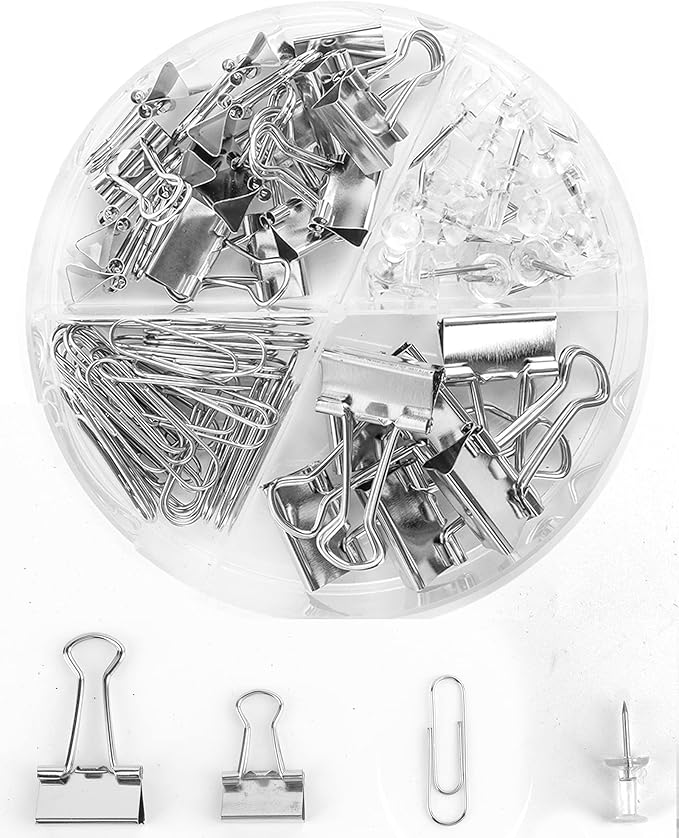 Silver Binder Clips and Paper Clips Push Pins Tacks Sets, Total 72 PCS Assorted by CREECHWA