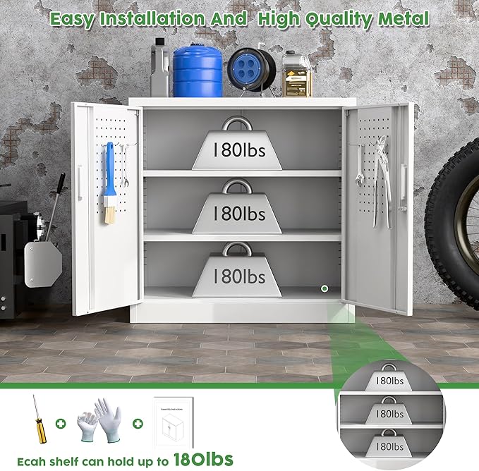Metal Storage Cabinet with Lock, Lockable Metal Garage Cabinet with Pegboards - Image 4